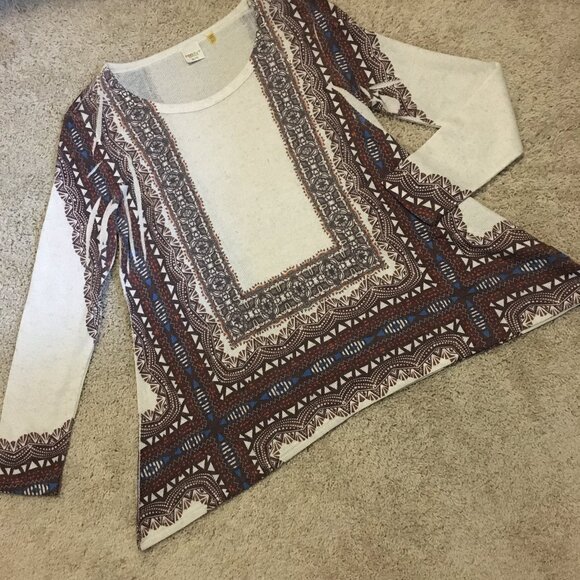 Point Zero Boho Knit Linen Blend A-Line Tribal Printed Top - Picture 11 of 16